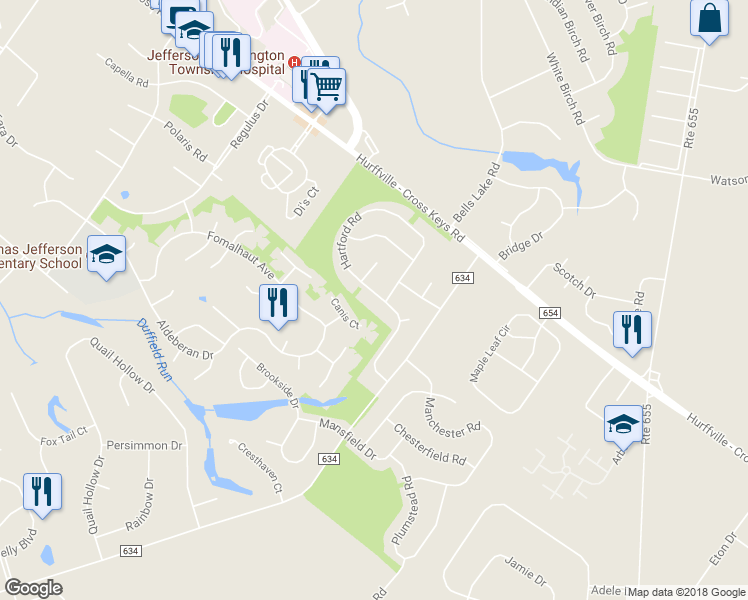 map of restaurants, bars, coffee shops, grocery stores, and more near 75 Hartford Road in Washington Township