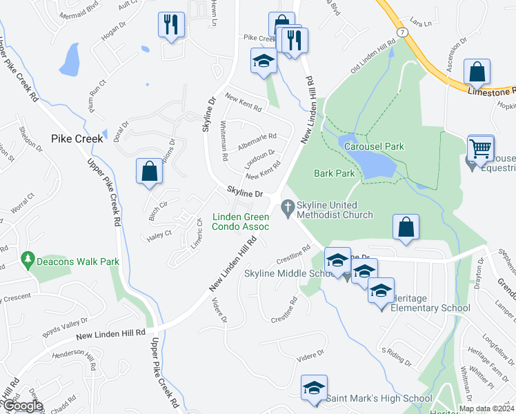 map of restaurants, bars, coffee shops, grocery stores, and more near 5414 Valley Green Drive in Wilmington