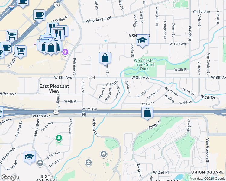 map of restaurants, bars, coffee shops, grocery stores, and more near 750 Beech Street in Golden