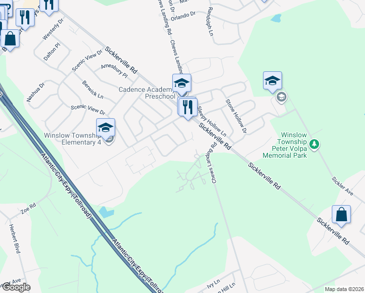 map of restaurants, bars, coffee shops, grocery stores, and more near 52 Pondview Lane in Winslow Township