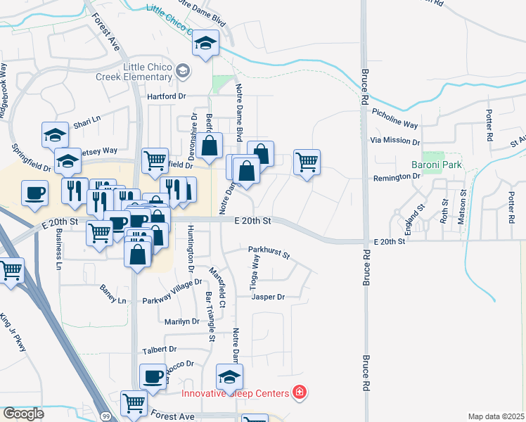 map of restaurants, bars, coffee shops, grocery stores, and more near 2070 East 20th Street in Chico