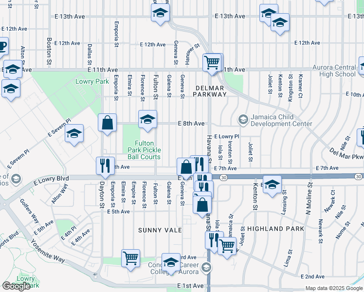 map of restaurants, bars, coffee shops, grocery stores, and more near 738 Geneva Street in Aurora