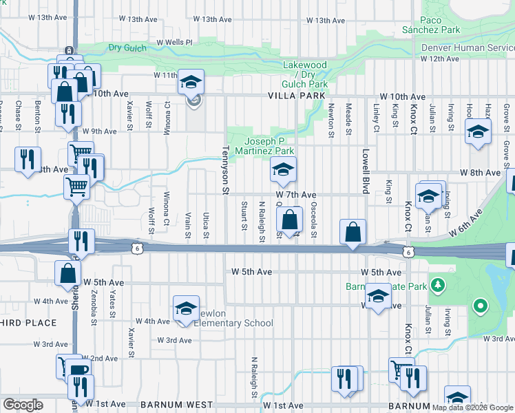 map of restaurants, bars, coffee shops, grocery stores, and more near 651 Raleigh Street in Denver