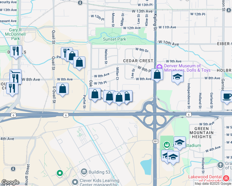 map of restaurants, bars, coffee shops, grocery stores, and more near 674 Moore Street in Lakewood