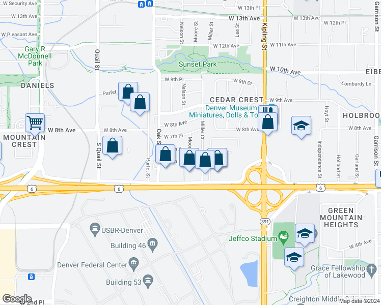 map of restaurants, bars, coffee shops, grocery stores, and more near 674 Moore Street in Lakewood