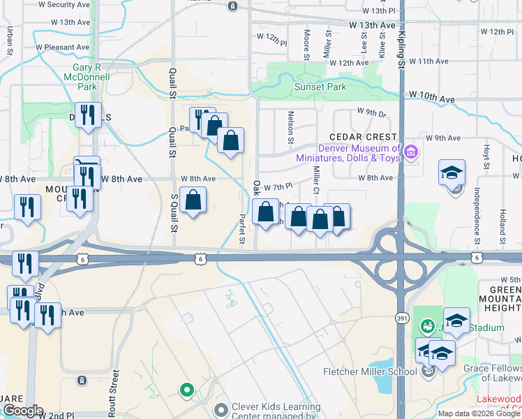 map of restaurants, bars, coffee shops, grocery stores, and more near 10747 West 6th Place in Lakewood