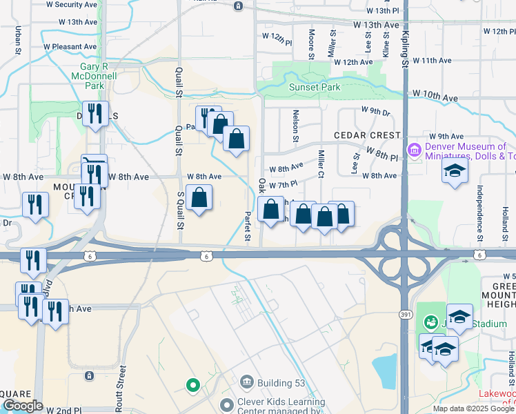 map of restaurants, bars, coffee shops, grocery stores, and more near 10747 West 6th Place in Lakewood