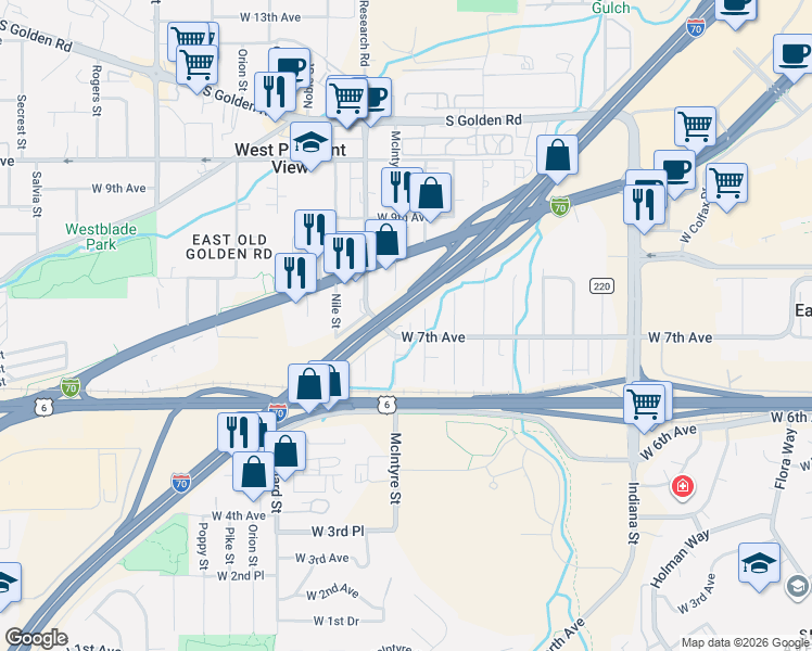 map of restaurants, bars, coffee shops, grocery stores, and more near 715 Lupine Street in Golden