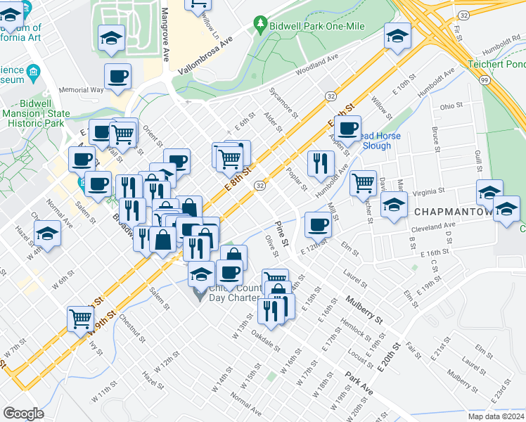 map of restaurants, bars, coffee shops, grocery stores, and more near 971 Olive Street in Chico