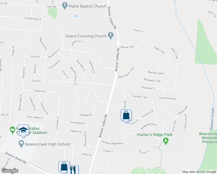 map of restaurants, bars, coffee shops, grocery stores, and more near 2337 Obetz Drive in Beavercreek
