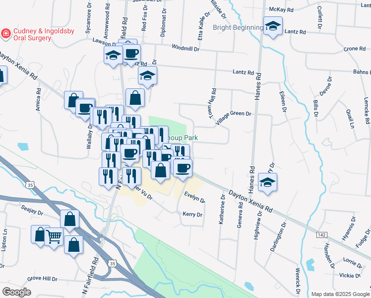 map of restaurants, bars, coffee shops, grocery stores, and more near 1300 Parkway Court in Beavercreek