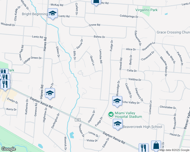 map of restaurants, bars, coffee shops, grocery stores, and more near 2820 Oriole Drive in Dayton