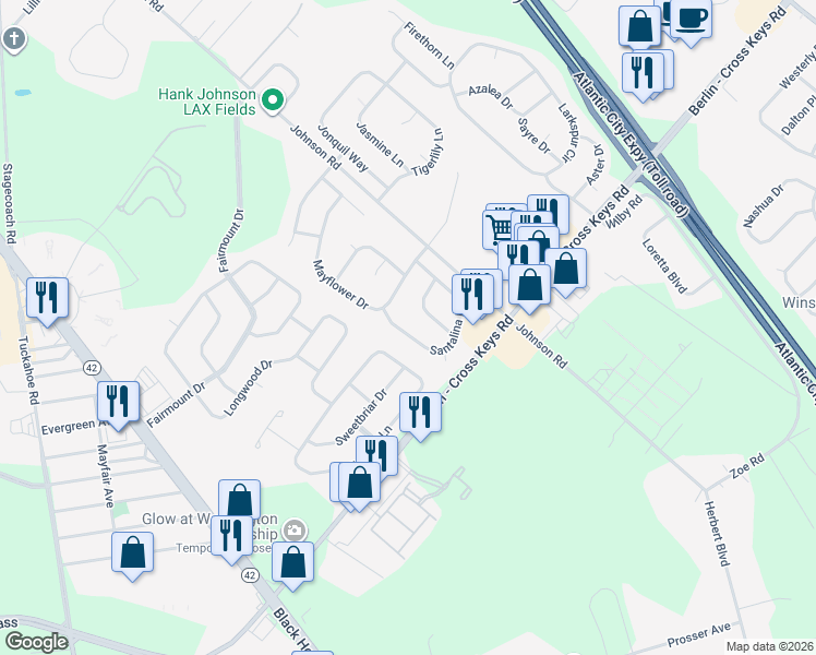 map of restaurants, bars, coffee shops, grocery stores, and more near 50 Santalina Drive in Sicklerville