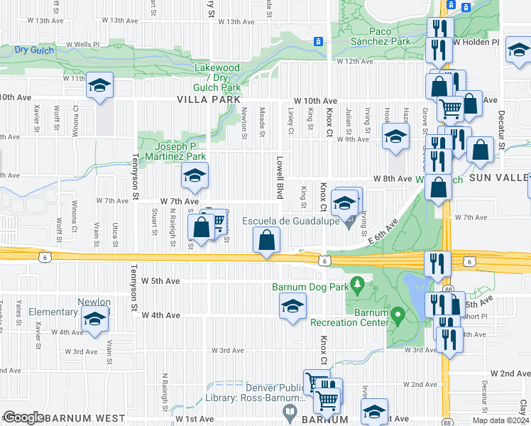 map of restaurants, bars, coffee shops, grocery stores, and more near 654 Meade Street in Denver