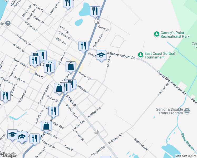 map of restaurants, bars, coffee shops, grocery stores, and more near 65 Christmas Avenue in Carneys Point Township