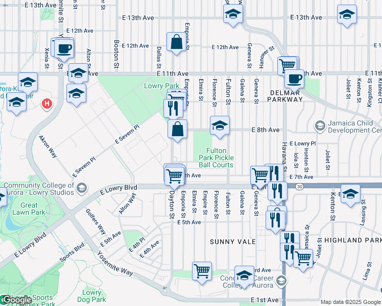 map of restaurants, bars, coffee shops, grocery stores, and more near 728 Emporia Street in Aurora