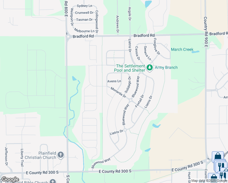 map of restaurants, bars, coffee shops, grocery stores, and more near 2450 Twinleaf Drive in Plainfield