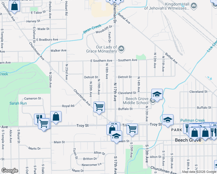map of restaurants, bars, coffee shops, grocery stores, and more near 314 North 18th Avenue in Beech Grove