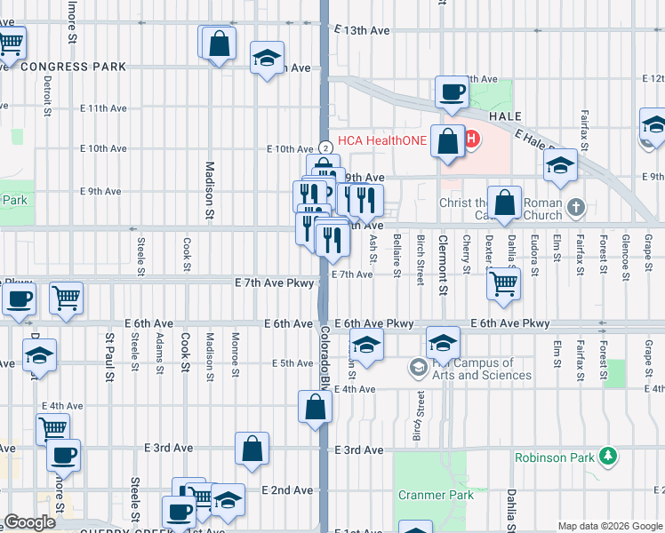 map of restaurants, bars, coffee shops, grocery stores, and more near 730 Colorado Boulevard in Denver