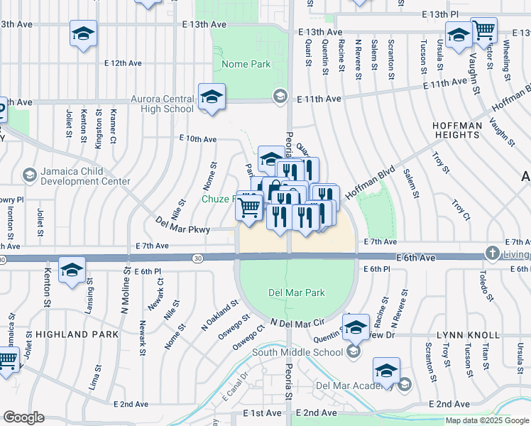 map of restaurants, bars, coffee shops, grocery stores, and more near 757 Peoria Street in Aurora
