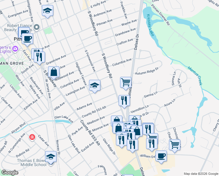map of restaurants, bars, coffee shops, grocery stores, and more near 325 Washington Avenue in Pitman