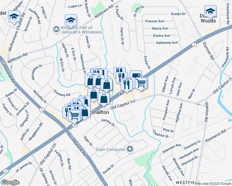 map of restaurants, bars, coffee shops, grocery stores, and more near 4314-4398 Kirkwood Hwy in Wilmington