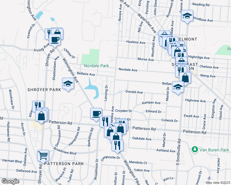 map of restaurants, bars, coffee shops, grocery stores, and more near 2901 Revere Avenue in Dayton