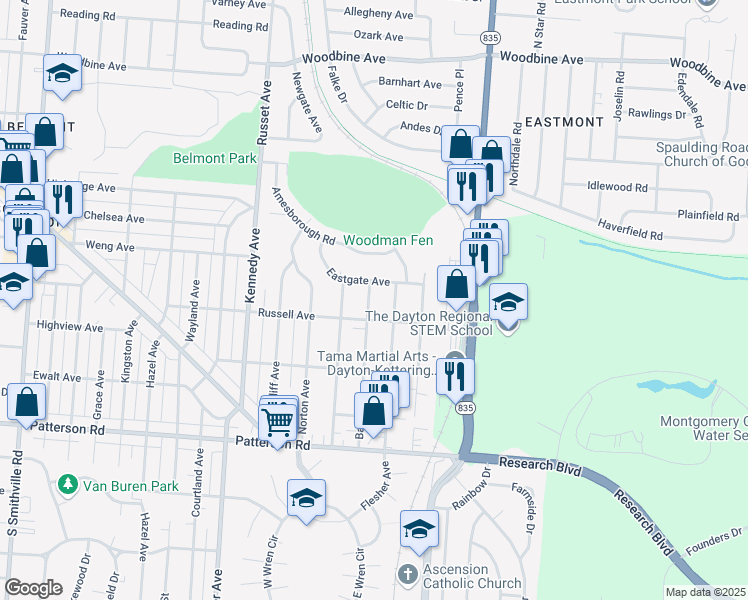 map of restaurants, bars, coffee shops, grocery stores, and more near 1420 Barney Avenue in Dayton