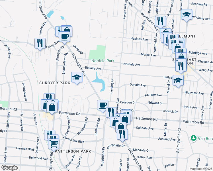 map of restaurants, bars, coffee shops, grocery stores, and more near 2855 Lake Shore Place in Dayton