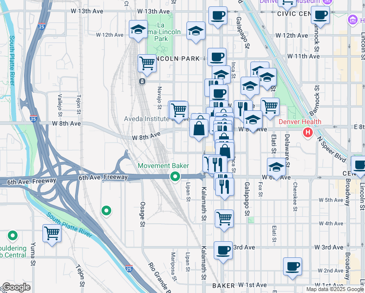 map of restaurants, bars, coffee shops, grocery stores, and more near 700 Lipan Street in Denver