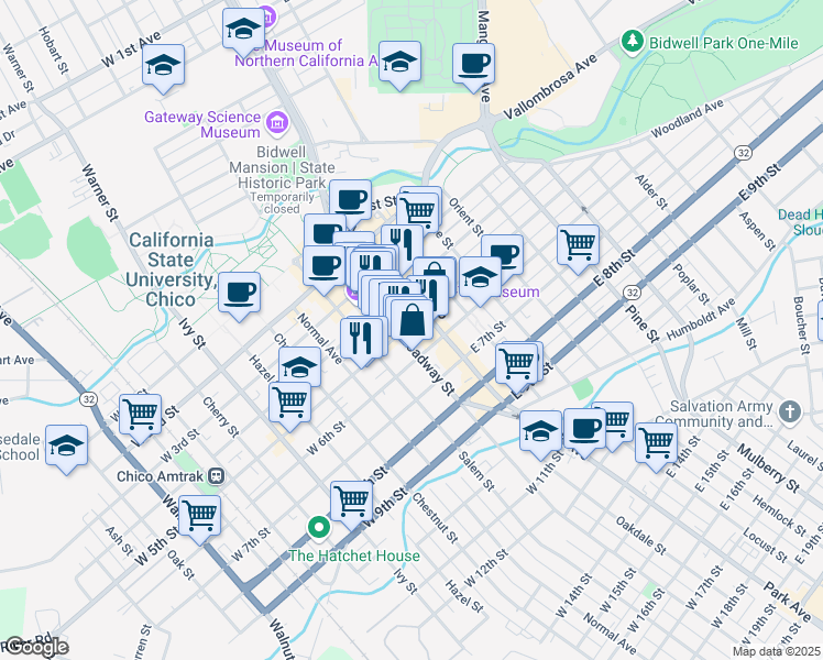map of restaurants, bars, coffee shops, grocery stores, and more near 141 West 5th Street in Chico