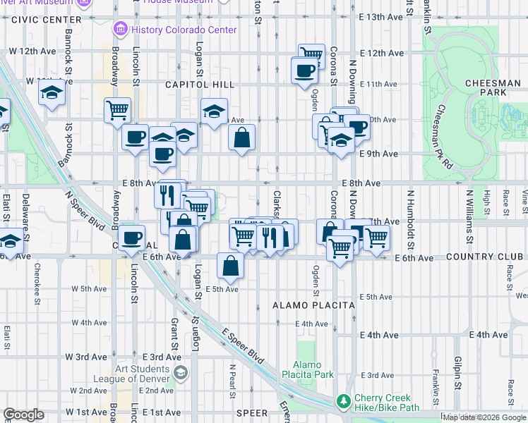 map of restaurants, bars, coffee shops, grocery stores, and more near 707 North Washington Street in Denver