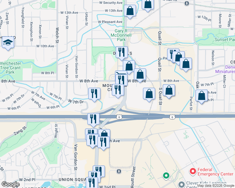 map of restaurants, bars, coffee shops, grocery stores, and more near 750 Tabor Street in Golden
