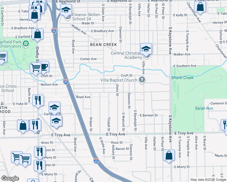 map of restaurants, bars, coffee shops, grocery stores, and more near 1730 East Gimber Street in Indianapolis