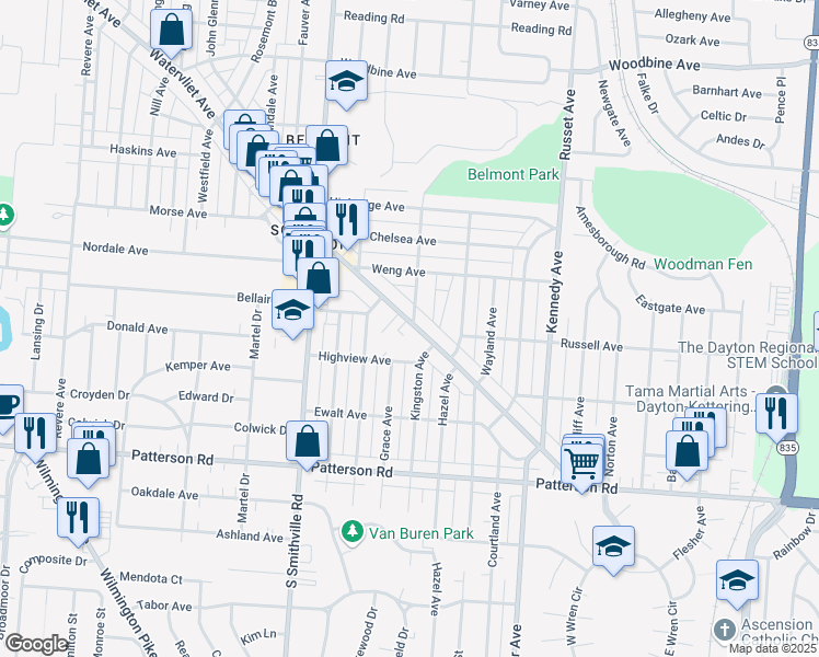 map of restaurants, bars, coffee shops, grocery stores, and more near 1041 Watervliet Avenue in Dayton