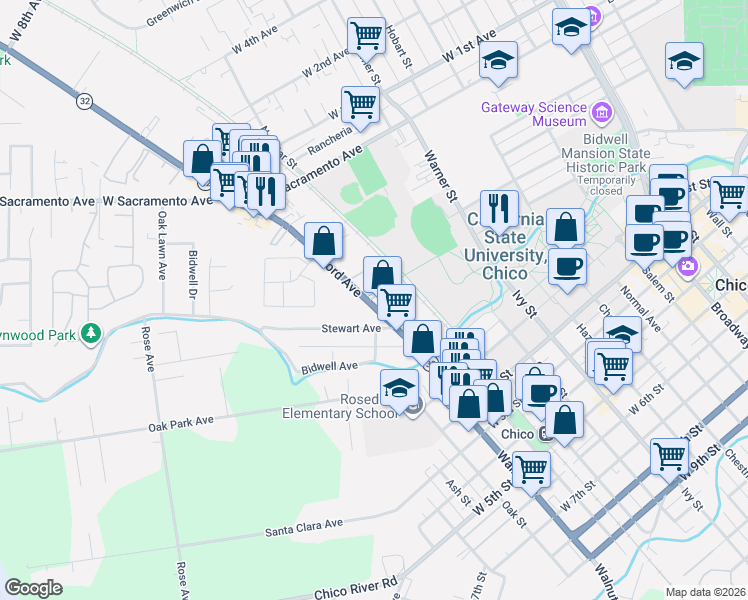 map of restaurants, bars, coffee shops, grocery stores, and more near 437 Nord Avenue in Chico