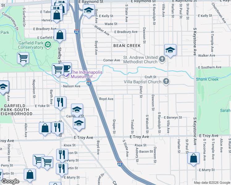 map of restaurants, bars, coffee shops, grocery stores, and more near 1614 East Gimber Street in Indianapolis