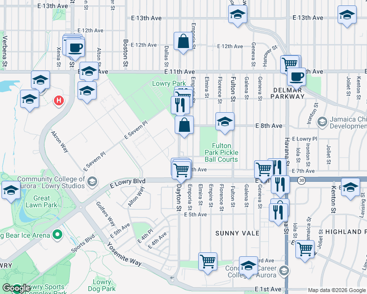 map of restaurants, bars, coffee shops, grocery stores, and more near 700 Boston Street in Aurora