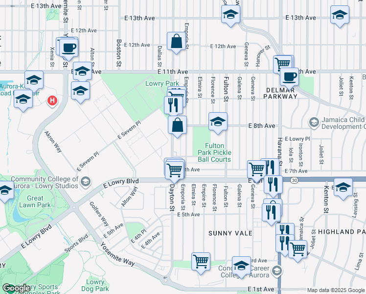 map of restaurants, bars, coffee shops, grocery stores, and more near 728 Emporia Street in Aurora