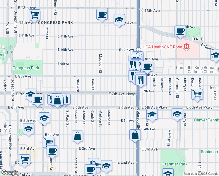 map of restaurants, bars, coffee shops, grocery stores, and more near 3631 East 7th Avenue Parkway in Denver