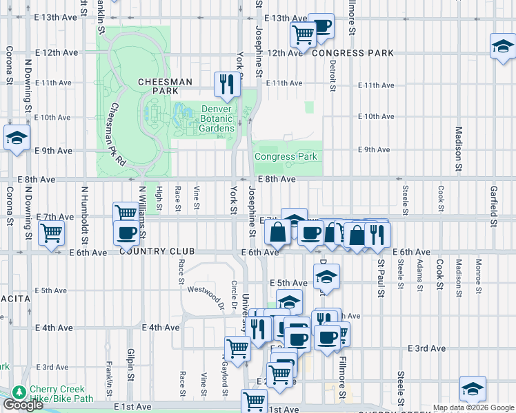 map of restaurants, bars, coffee shops, grocery stores, and more near 2433 East 7th Avenue Parkway in Denver