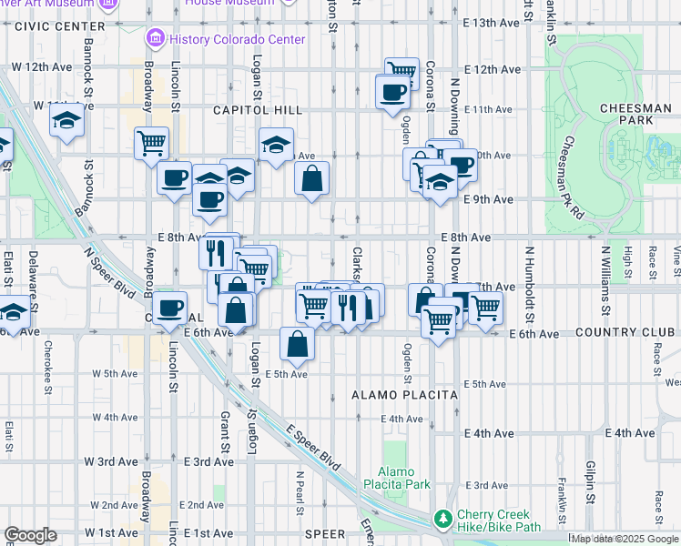 map of restaurants, bars, coffee shops, grocery stores, and more near 707 North Washington Street in Denver