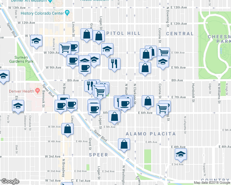 map of restaurants, bars, coffee shops, grocery stores, and more near 701 Pearl Street in Denver