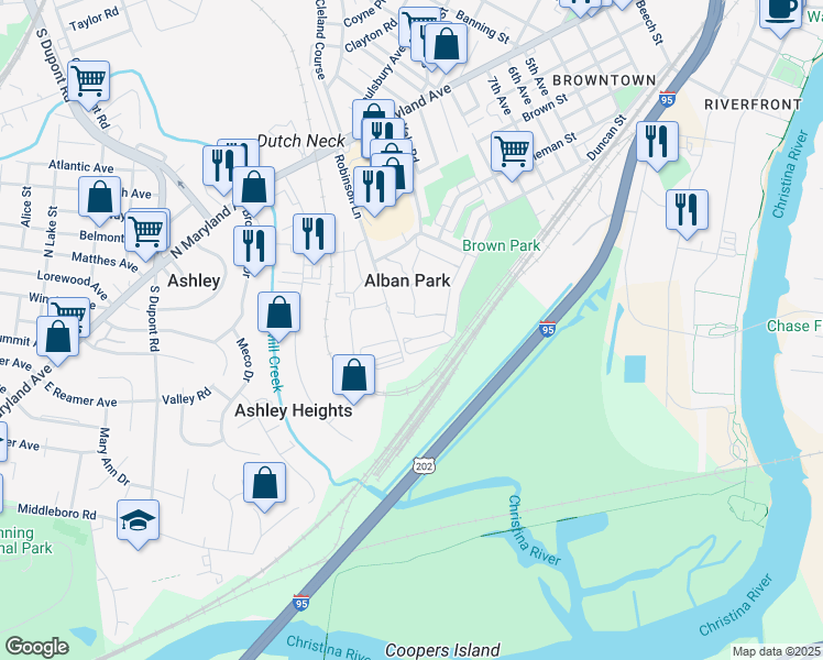 map of restaurants, bars, coffee shops, grocery stores, and more near 633 Homestead Road in Wilmington