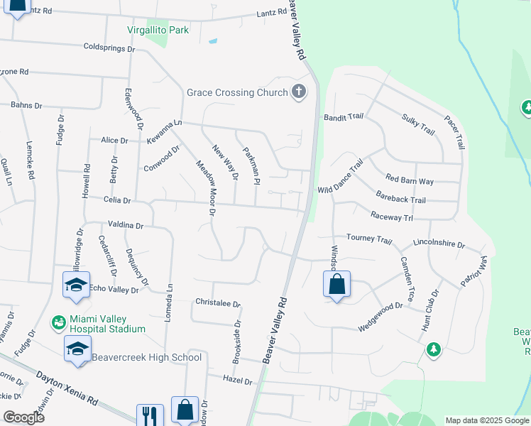 map of restaurants, bars, coffee shops, grocery stores, and more near 2381 Obetz Drive in Beavercreek