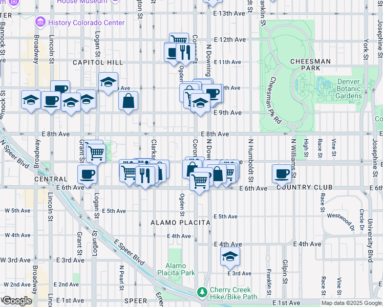 map of restaurants, bars, coffee shops, grocery stores, and more near 707 Corona Street in Denver