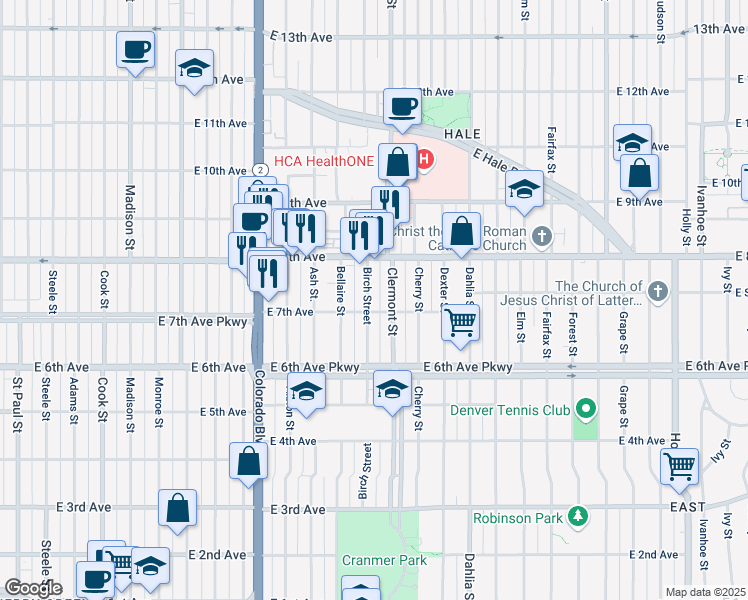 map of restaurants, bars, coffee shops, grocery stores, and more near 4423 East 7th Avenue in Denver