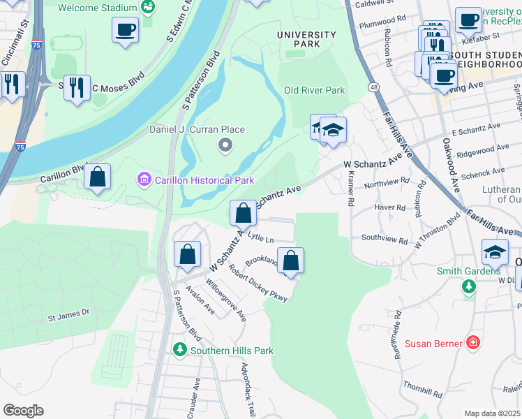 map of restaurants, bars, coffee shops, grocery stores, and more near 1820 West Schantz Avenue in Dayton