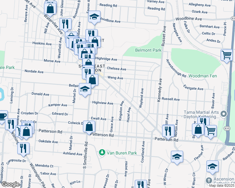 map of restaurants, bars, coffee shops, grocery stores, and more near 1041 Watervliet Avenue in Dayton