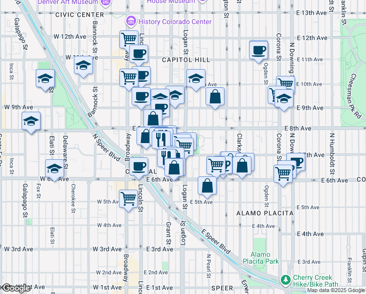 map of restaurants, bars, coffee shops, grocery stores, and more near 701 Pennsylvania Street in Denver